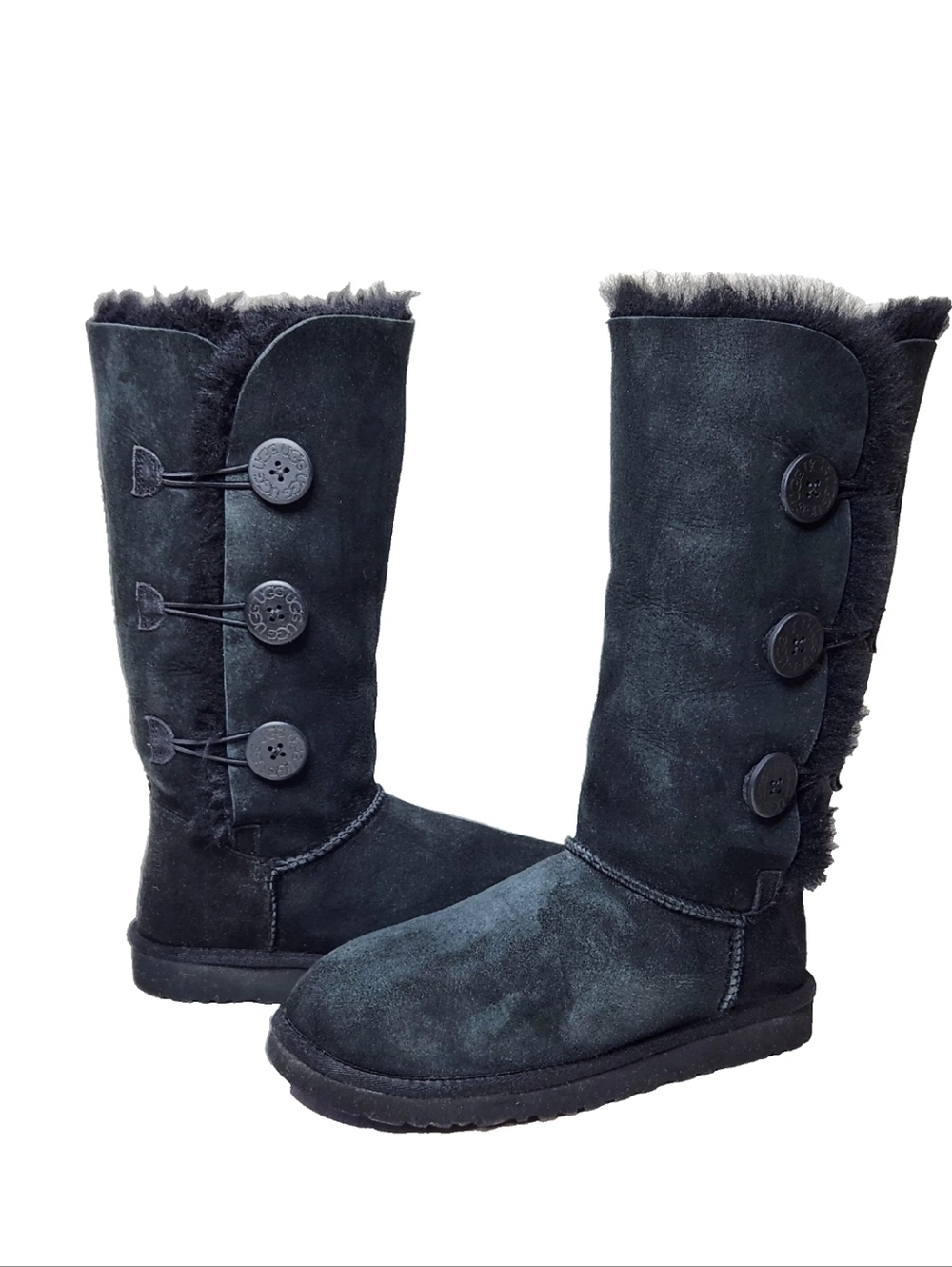 UGG Bailey Button Tall Genuine Sheepskin Boots Sz 8 Triplet Black Suede 1873